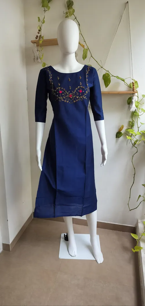 Silk Cotton Handwork Kurti - Royal Blue